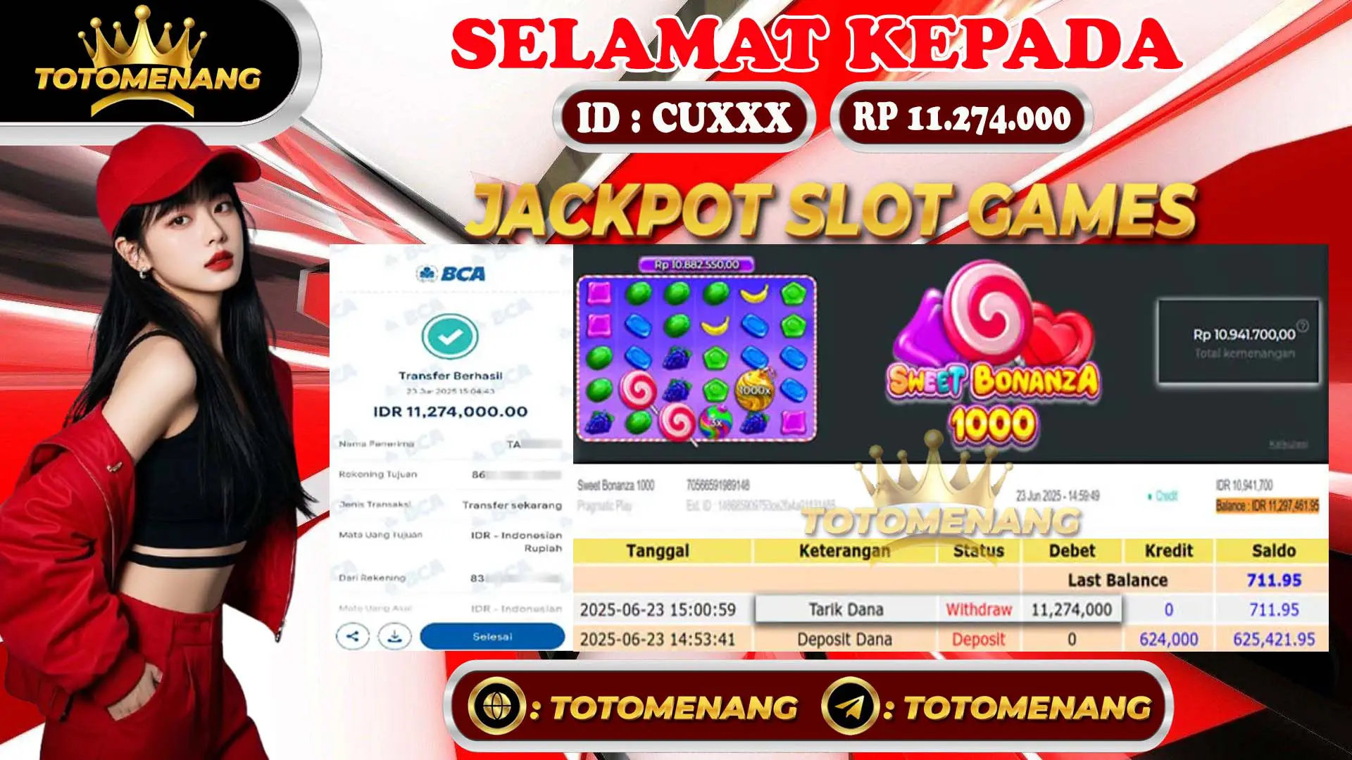 Member CUXXX menang jackpot slot games Rp 11.274.000 di totomenang - Bukti pembayaran penuh