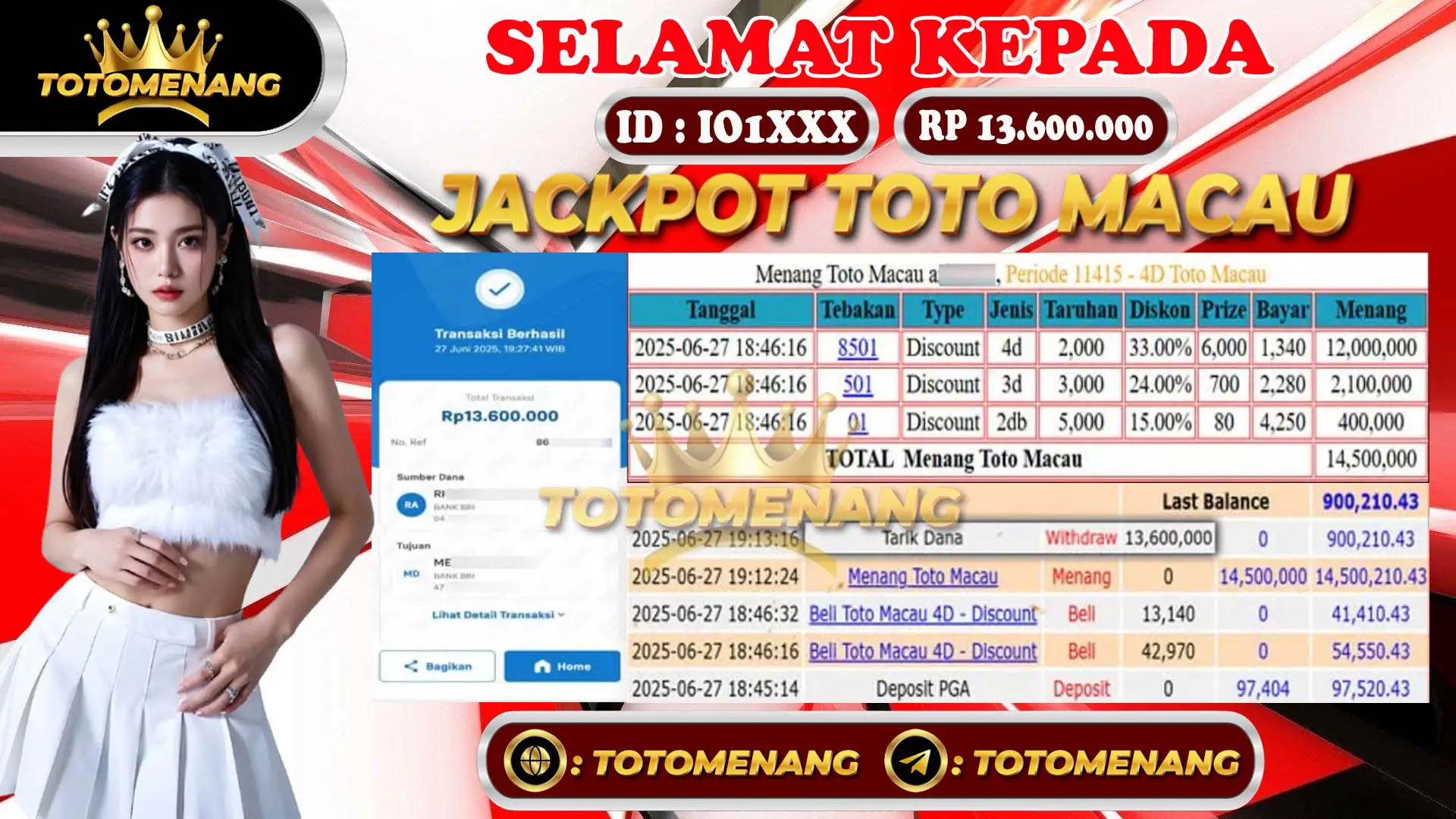 Member IO1XXX menang jackpot togel online Rp 13.600.000 di totomenang - Bukti pembayaran penuh