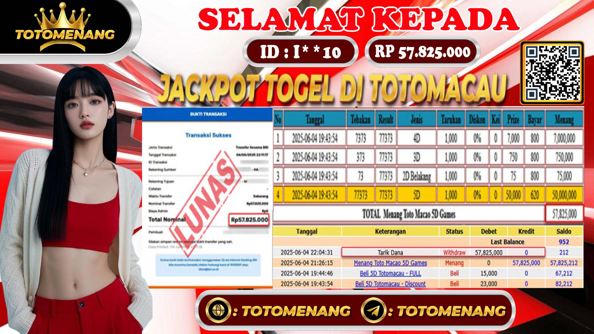 bukti jackpot pembayaran member TOTOMENANG