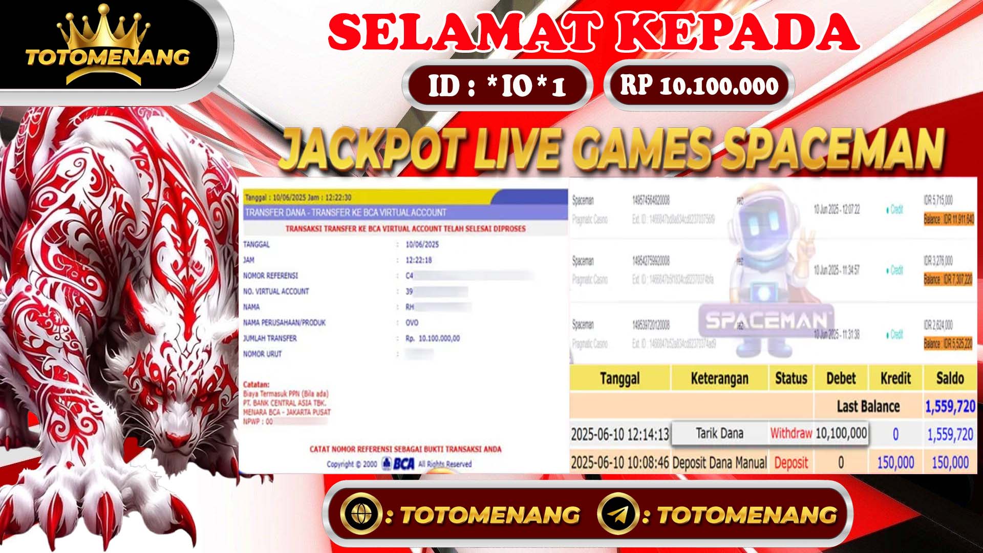 bukti pembayaran jackpot spaceman di TOTOMENANG