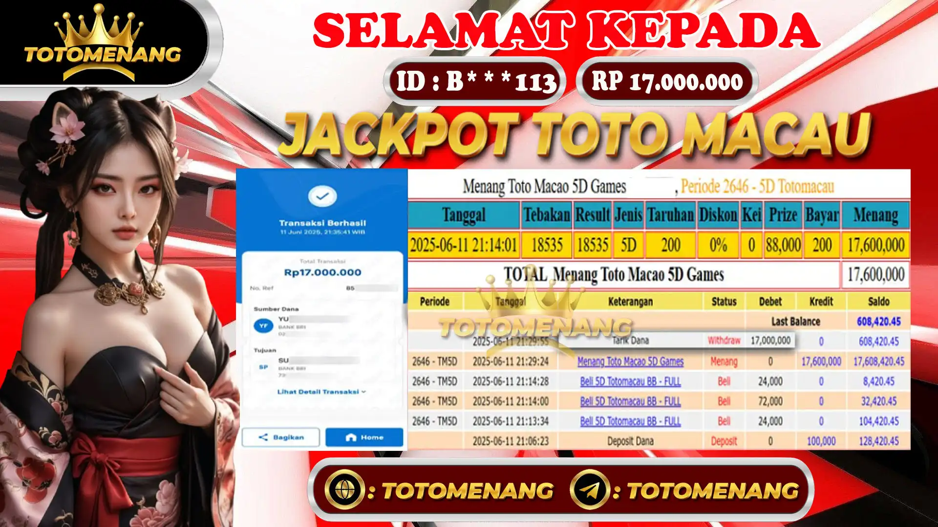 Bukti Pembayaran jackpot togel online di TOTOMENANG