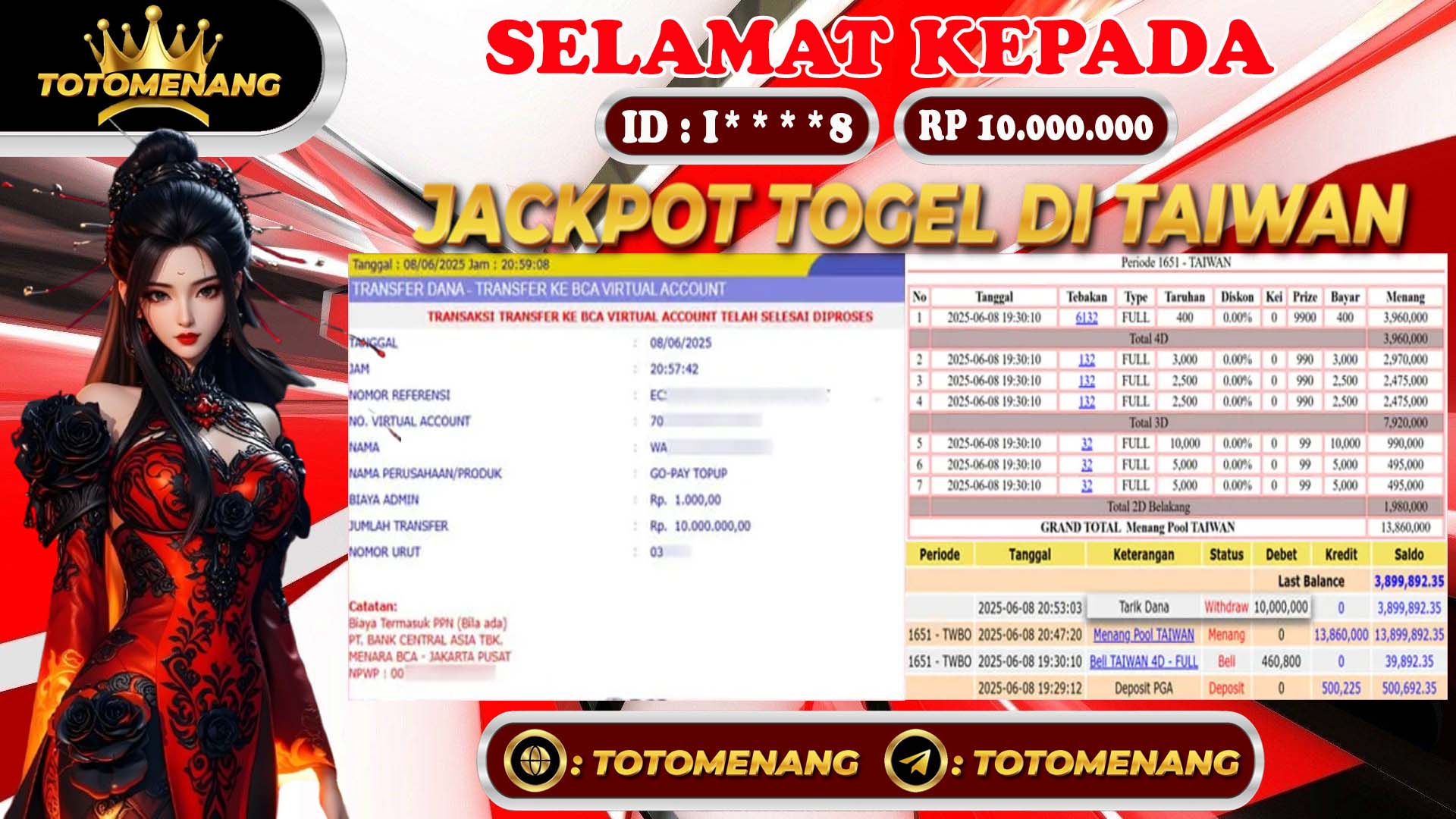 Bukti Wede Pembayaran jackpot togel pasaran Taiwan member TOTOMENANG