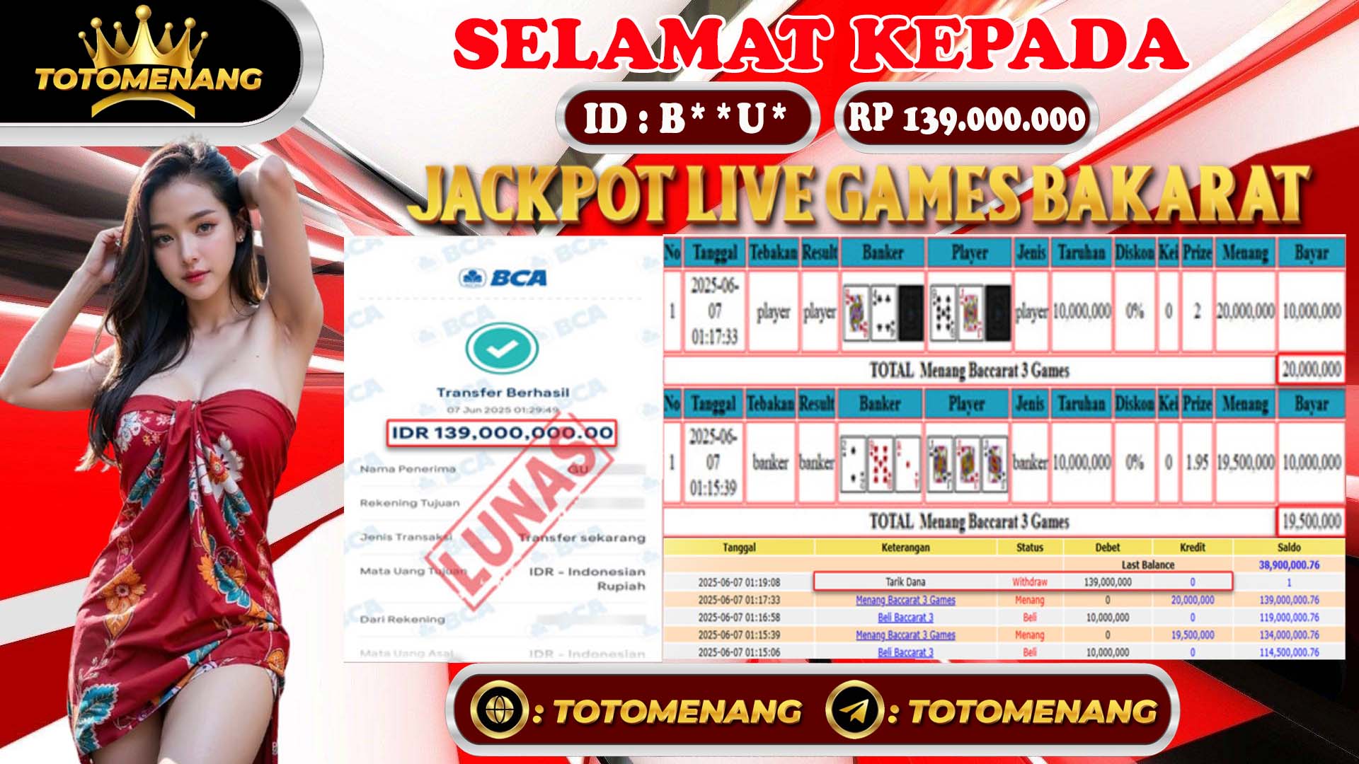 bukti pembayaran jackpot bakarat member TOTOMENANG