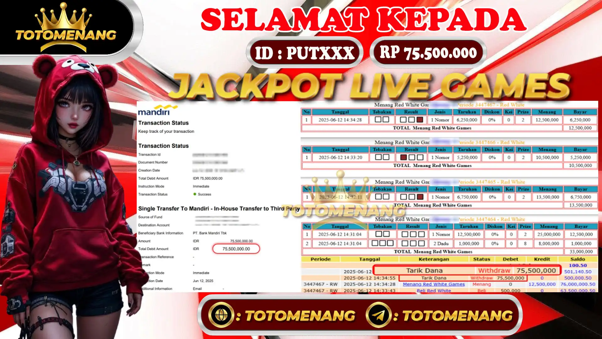 Bukti member TOTOMENANG tarik dana Rp75 juta 500rb setelah menang jackpot togel - ID PUTXXX