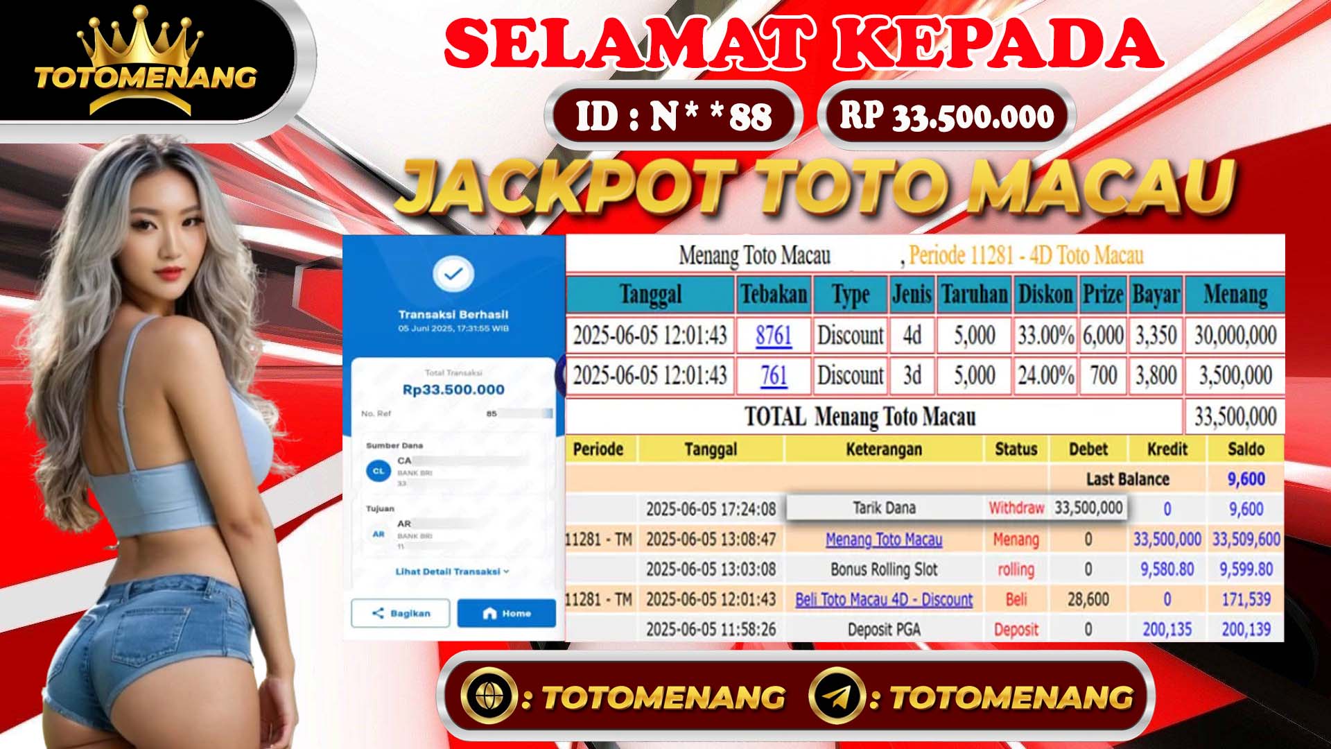 bukti pembayaran jackpot totomacau di situs TOTOMENANG
