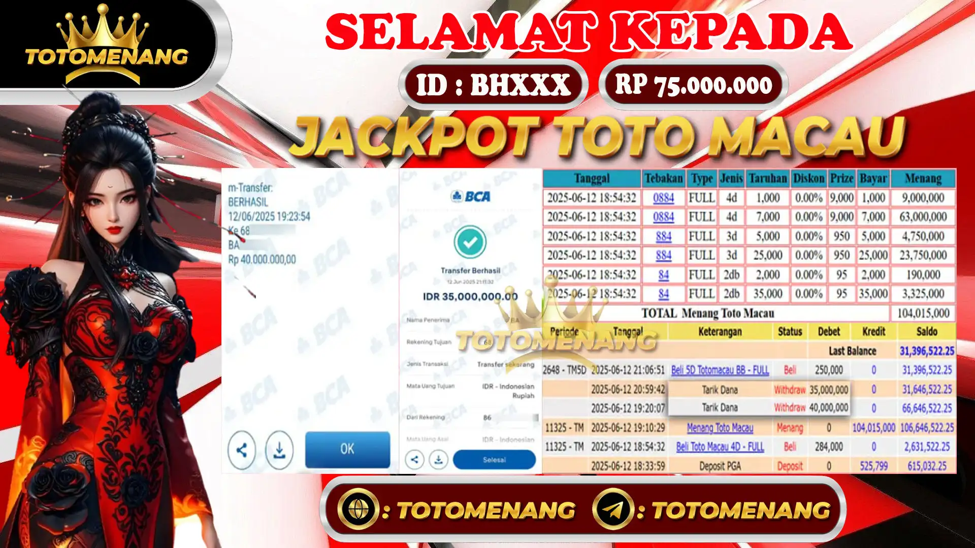bukti pembayaran jackpot totomacau member TOTOMENANG