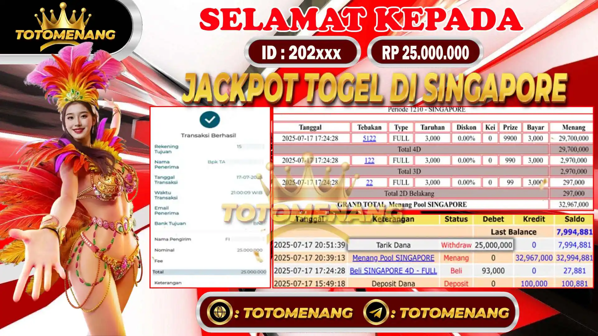 Pemenang jackpot togel Singapore Rp25 juta di situs Totomenang – bukti transaksi dan hasil taruhan lengkap
