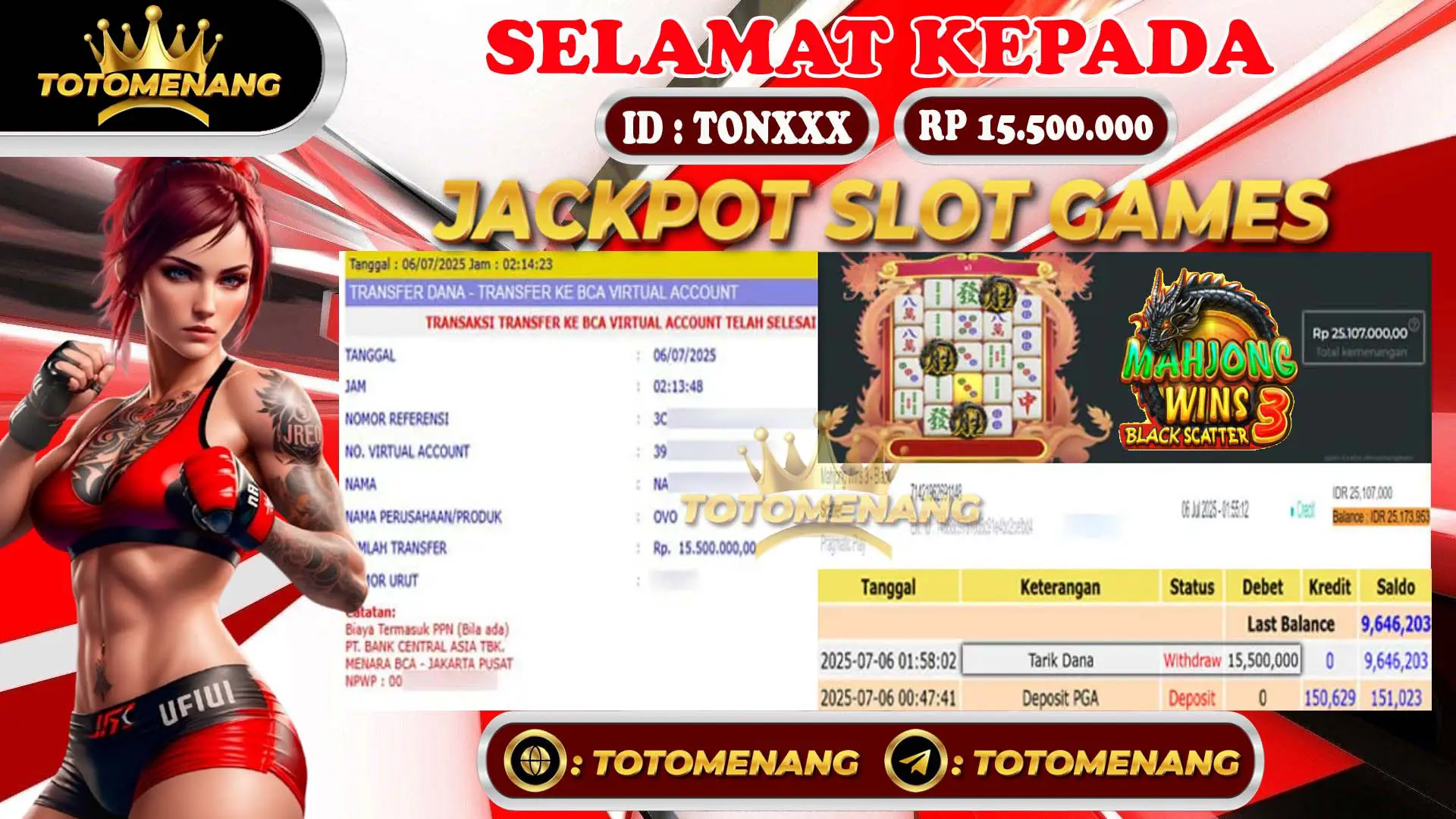 Member TONXXX menang jackpot slot online Rp 15.500.000 di totomenang - Bukti pembayaran penuh