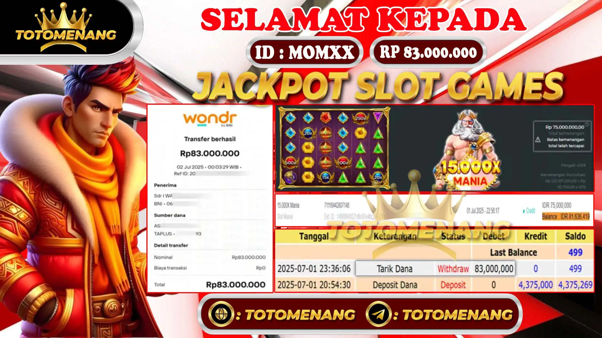 Member MOMXX menang jackpot slot online Rp 83.000.000 di totomenang - Bukti pembayaran penuh