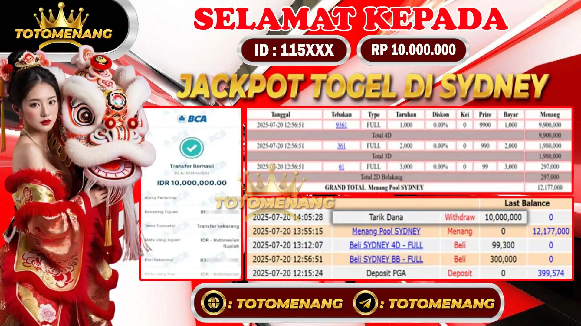 Pemenang jackpot togel Sydney situs Totomenang, transfer Rp 10 juta via BCA, tampilan bukti menang, riwayat transaksi dan tebakan angka togel.
