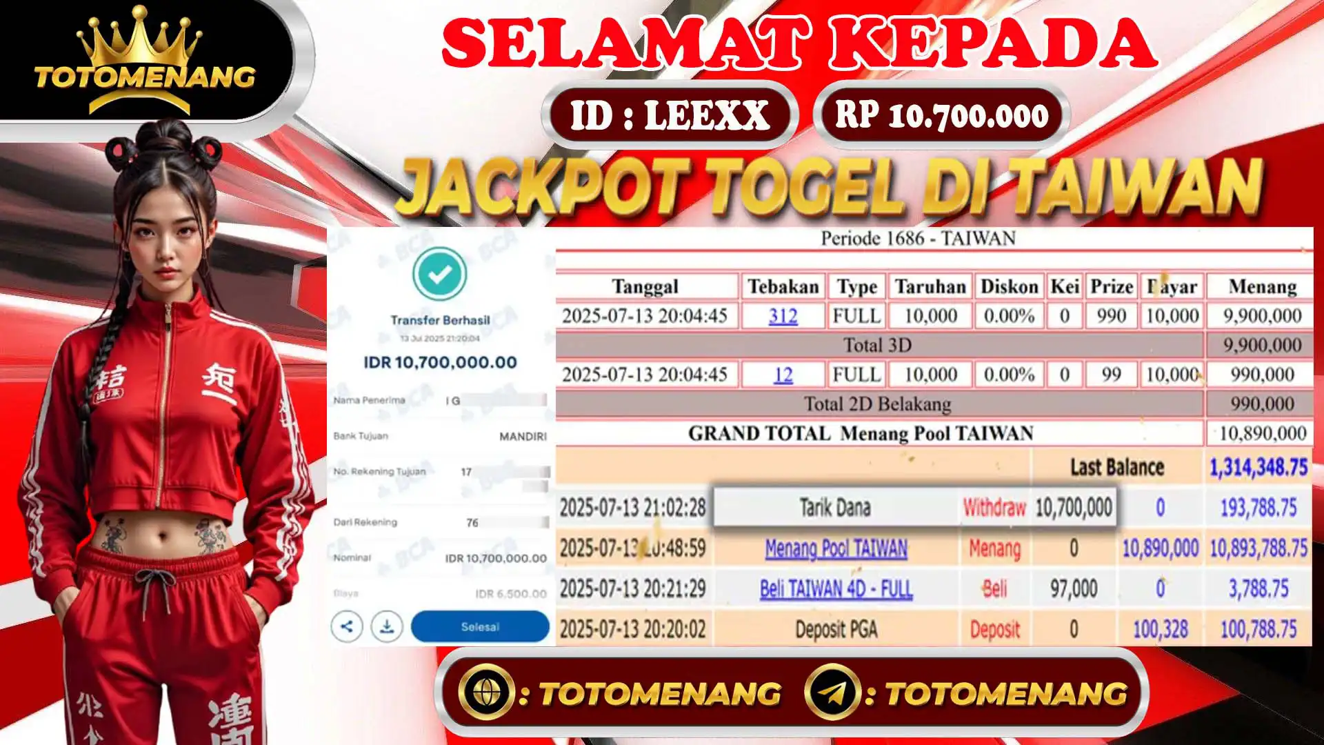 Member LEEXX menang jackpot togel online Rp 100.700.000 di totomenang - Bukti pembayaran penuh