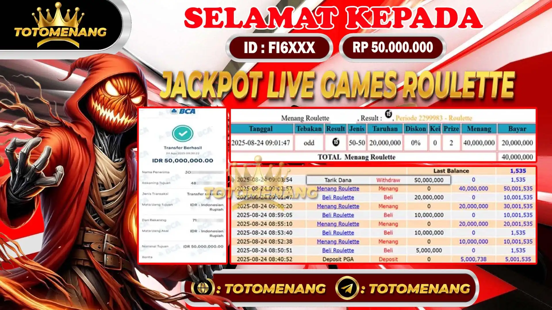bukti pembayaran jackpot live games sebesar Rp 50.000.000 untuk member L1TXXX berhasil di proseskan tanpa banyak drama di TOTOMENANG