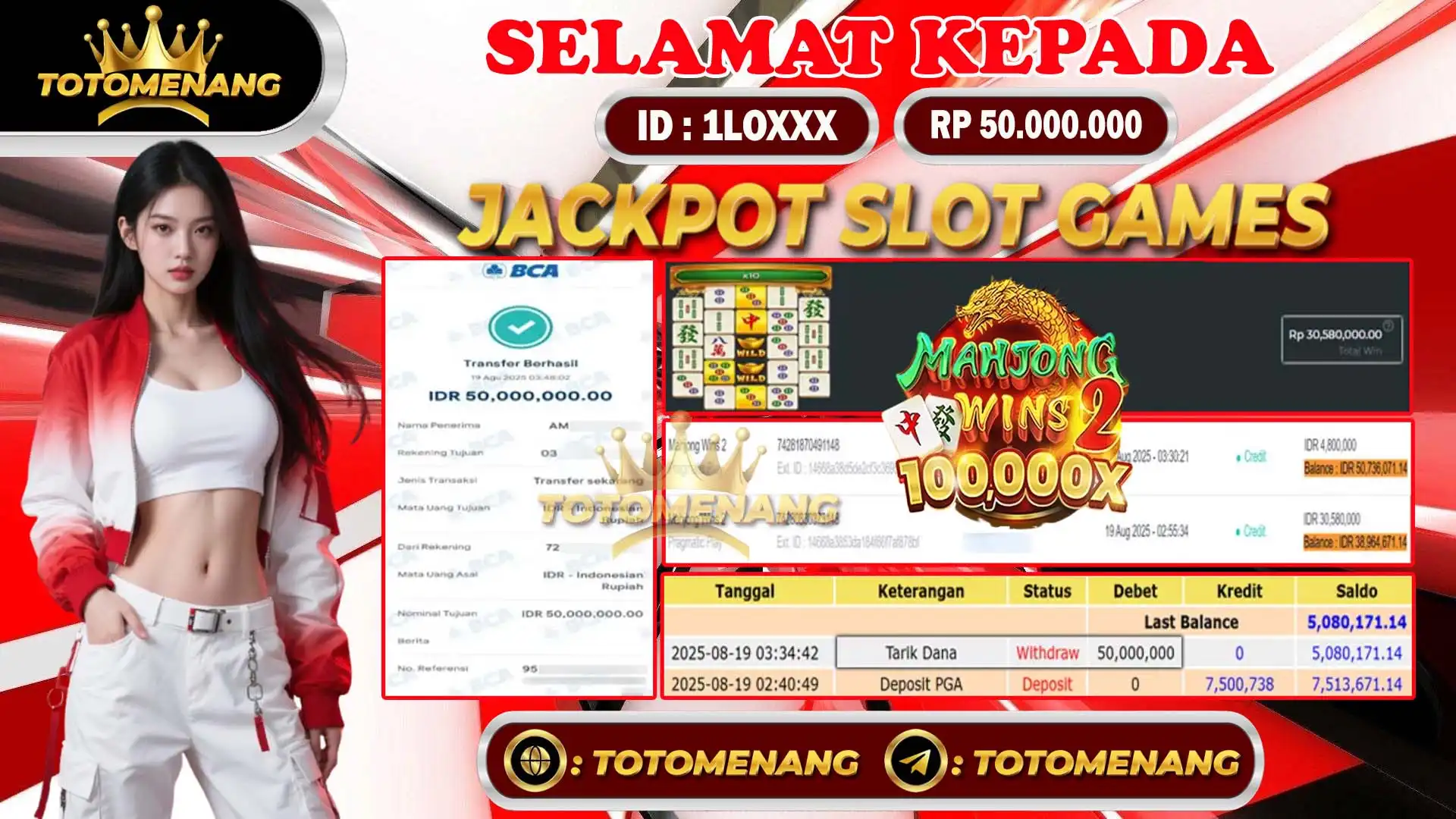 bukti pembayaran jackpot slot games sebesar Rp 50.000.000 untuk member 1LOXXX berhasil di proseskan tanpa banyak drama di TOTOMENANG