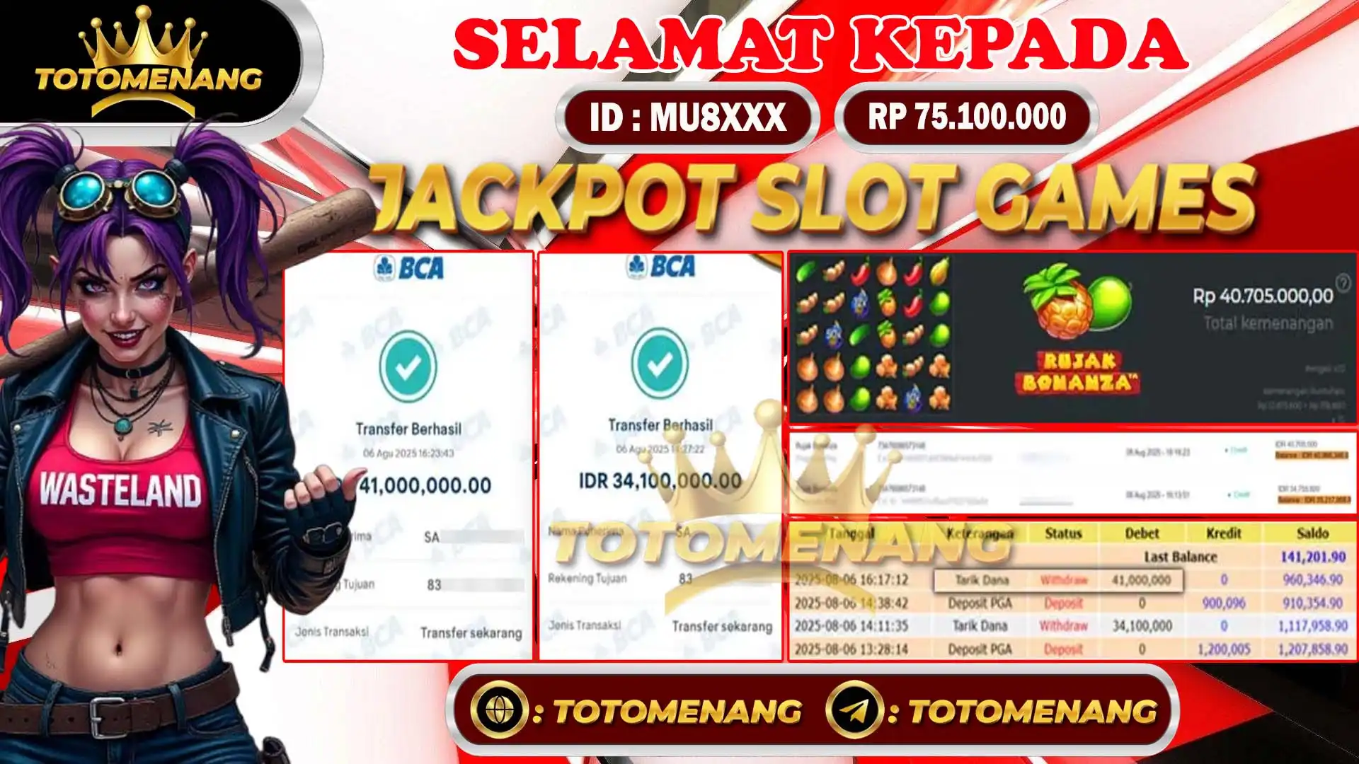 bukti pembayaran jackpot slot games sebesar Rp 75.100.000 untuk member MU8XXX berhasil di proseskan tanpa banyak drama di TOTOMENANG