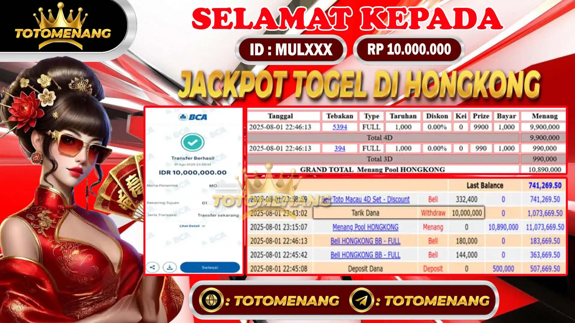 bukti pembayaran jackpot togel online sebesar Rp 10.000.000 untuk member MULXXX berhasil di proseskan tanpa banyak drama di TOTOMENANG