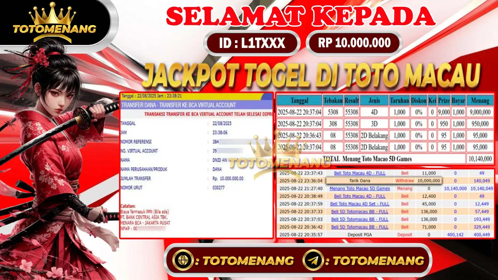 bukti pembayaran jackpot togel totomacau sebesar Rp 10.000.000 untuk member L1TXXX berhasil di proseskan tanpa banyak drama di TOTOMENANG