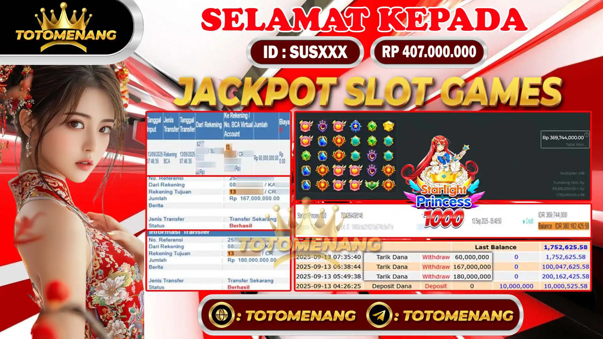 bukti pembayaran jackpot slot games starlight princess sebesar Rp 407.000.000 untuk member SUSXXX berhasil di proseskan tanpa banyak drama di TOTOMENANG