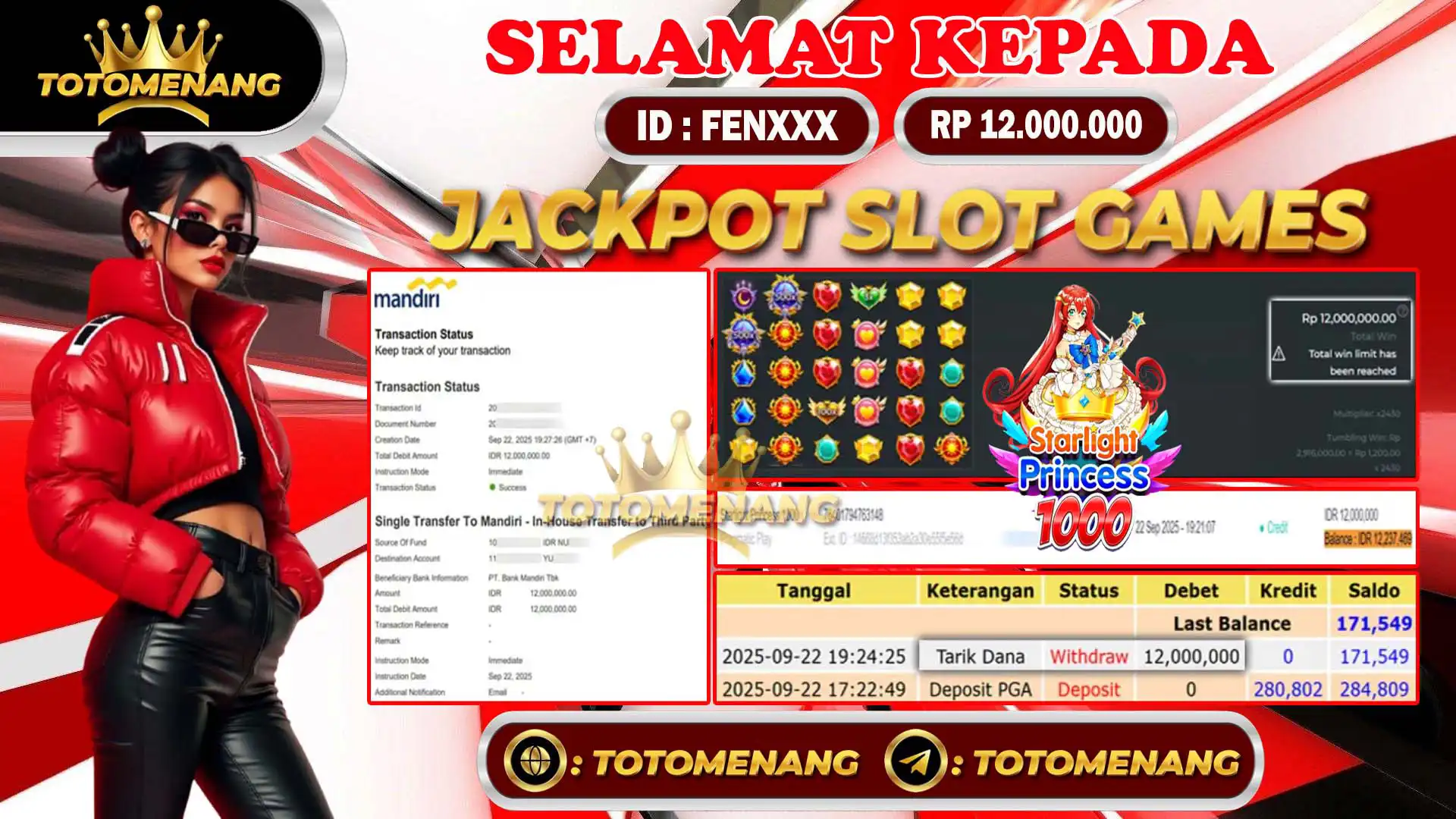 bukti pembayaran jackpot slot games starlight princess 1000 sebesar Rp 12.000.000 untuk member FENXXX berhasil di proseskan tanpa banyak drama di TOTOMENANG