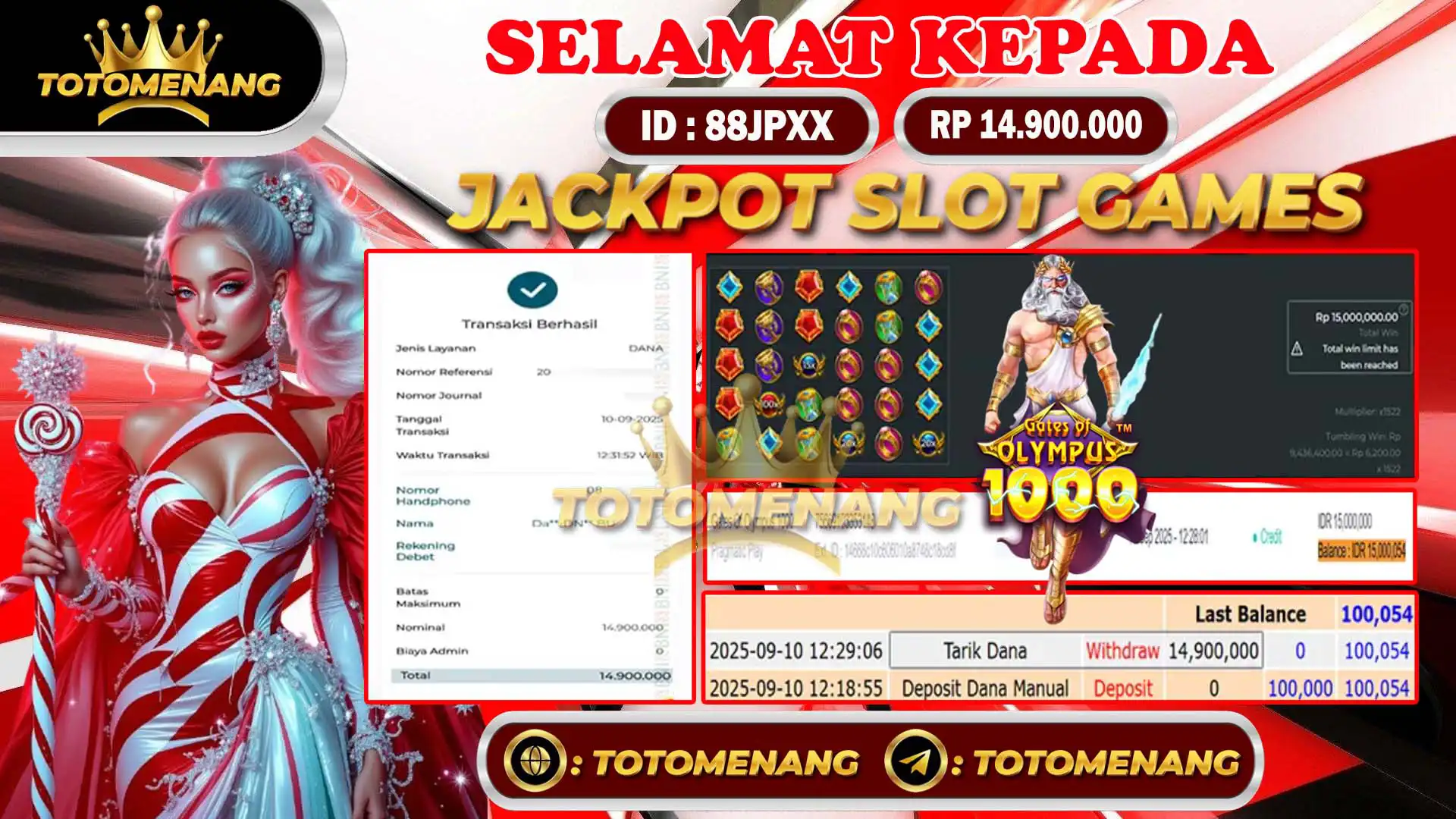bukti pembayaran jackpot slot games sebesar Rp 14.900.000 untuk member 88JPXX berhasil di proseskan tanpa banyak drama di TOTOMENANG