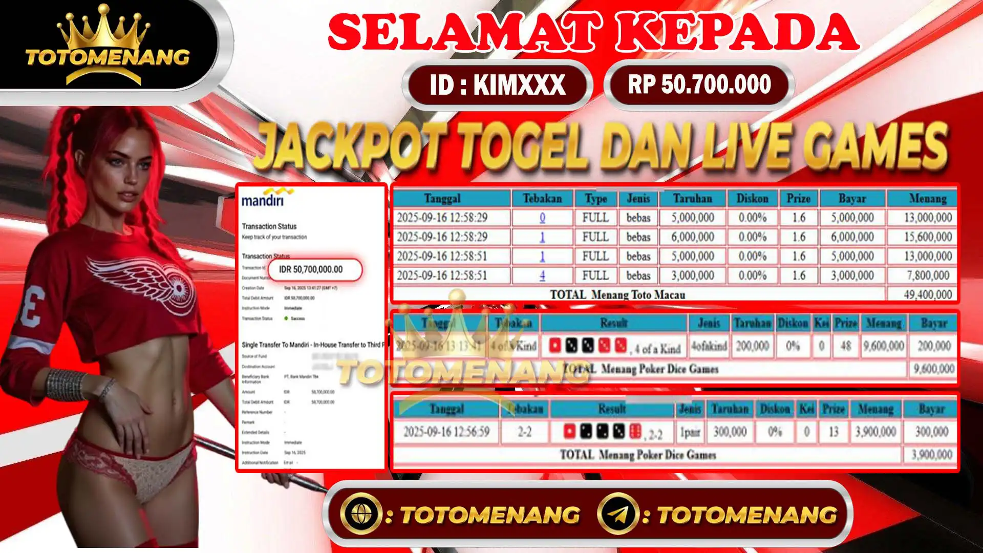 bukti pembayaran jackpot togel online pasaran totomacau dan live games poker dice sebesar Rp 50.700.000 untuk member KIMXXX berhasil di proseskan tanpa banyak drama di TOTOMENANG