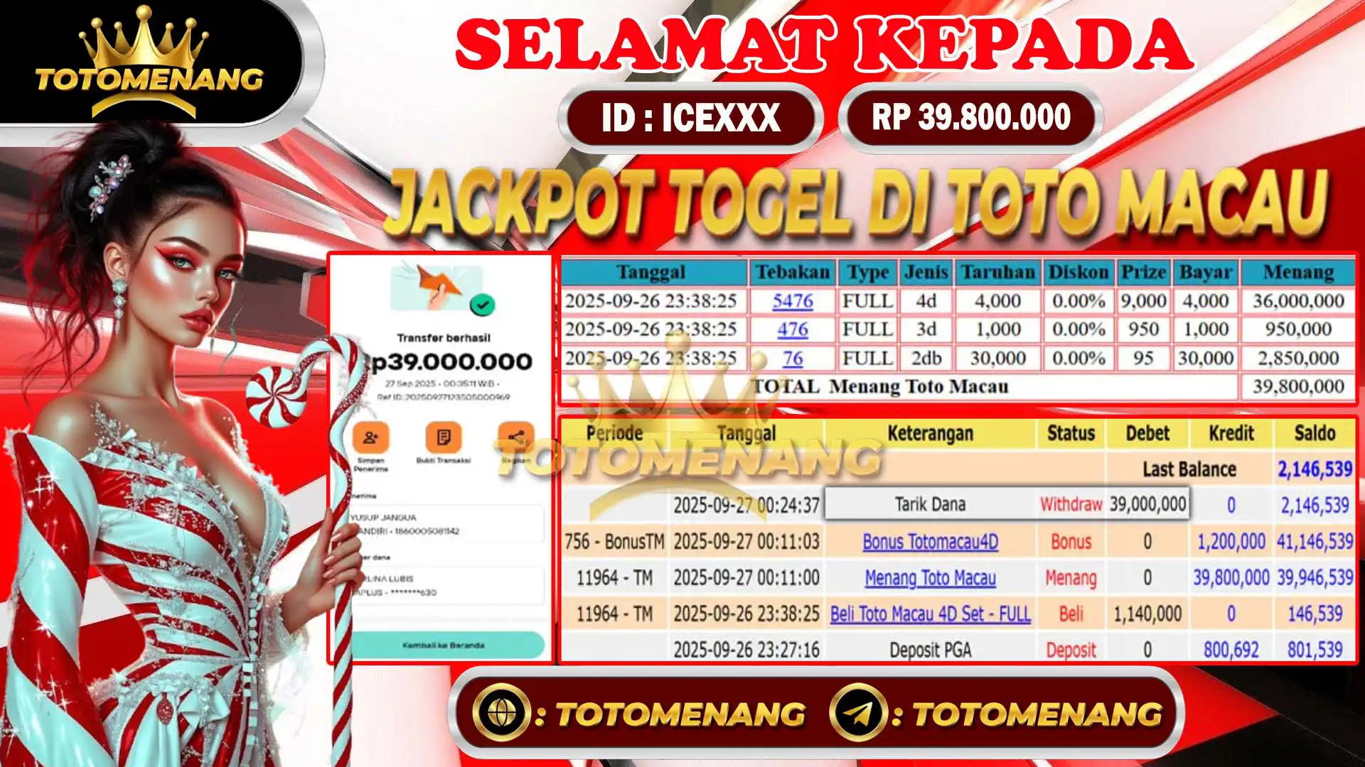bukti pembayaran jackpot togel online sebesar Rp 39.800.000 untuk member ICEXXX berhasil di proseskan tanpa banyak drama di TOTOMENANG