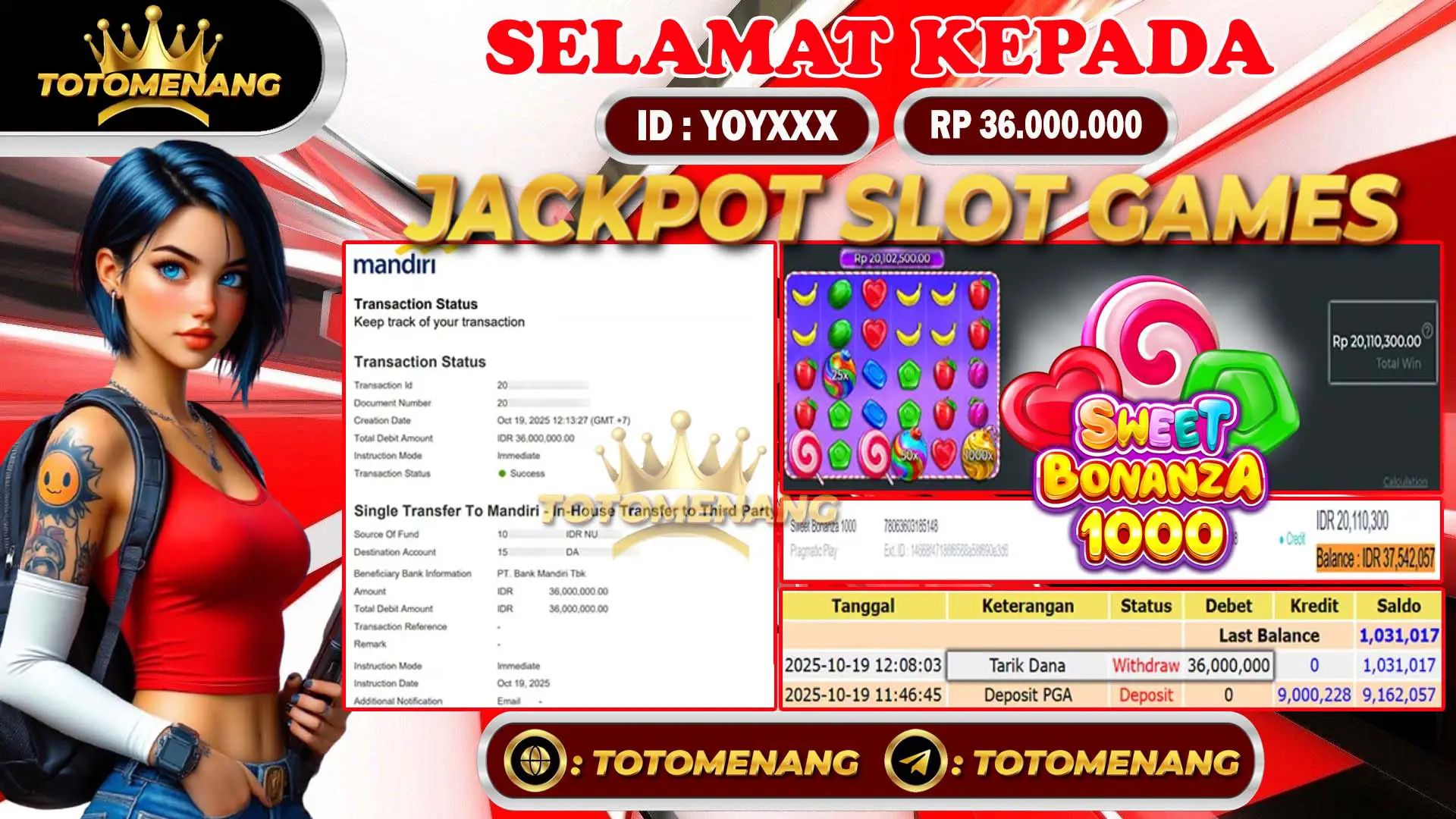 bukti pembayaran jackpot slot games Sweet Bonanza 1000 sebesar Rp 36.000.000 untuk member YOYXXX berhasil di proseskan tanpa banyak drama di TOTOMENANG