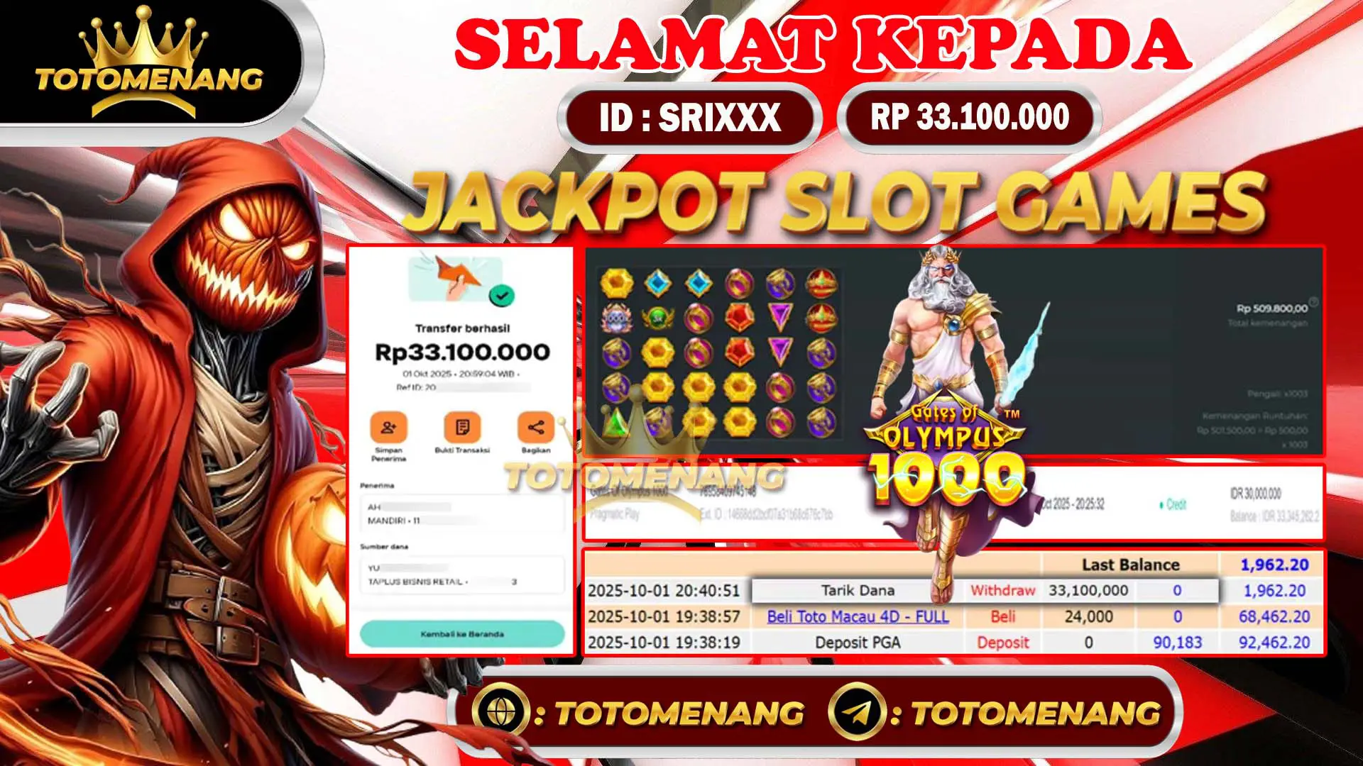 bukti pembayaran jackpot slot games gates of olympus 1000 sebesar Rp 33.100.000 untuk member SRIXXX berhasil di proseskan tanpa banyak drama di TOTOMENANG